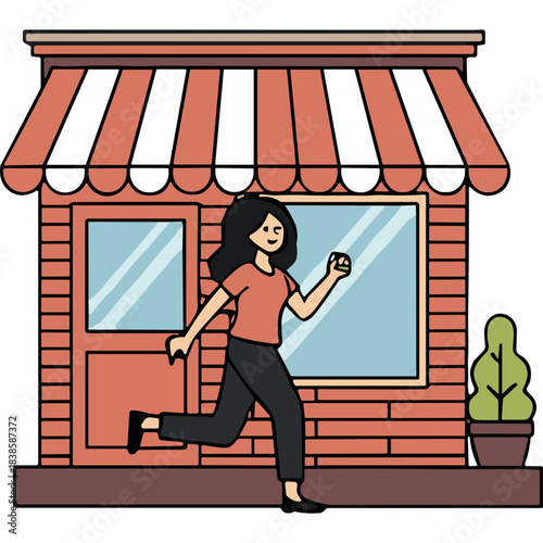 Cartoon Woman Running Past Storefront with Red Brick Exterior and Striped Awning