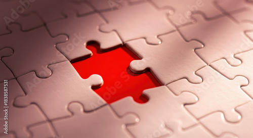 Jigsaw puzzle pieces with a red gap create striking contrast in soft lighting