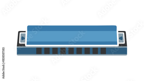 Blue Harmonica Musical Instrument Isolated on Black Background with Clean White Outline Showing Metal Casing and Reed Plate Detail Representing Blues Music and Folk Genres
