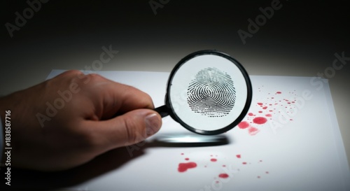 Hand holding magnifying glass over fingerprint and bloodstains on paper