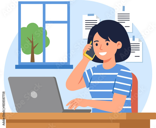 Cheerful woman working at a desk with a laptop and phone in a bright home office with window and documents behind her