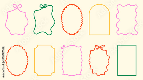 Colorful doodle ribbon frames with soft loops and cute accents. Ideal for girly invites, journals, scrapbooking and coquette-style decor