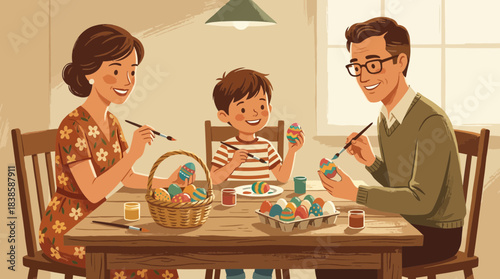 Family enjoying a cheerful Easter egg decorating activity around a wooden table with colorful eggs and joyful expressions in a cozy home setting