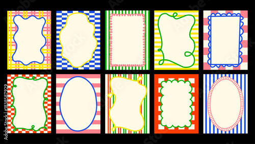 Retro-inspired frame pack with wavy contours, subtle stripes and flowing curved elements. Great for posters, journaling and print projects.