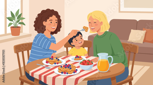 family enjoying breakfast together in cozy home setting with smiling faces and delicious food on table minimal background decor natural lighting