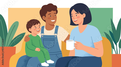 Family enjoying warm drinks together on a cozy day with indoor plants and relaxed atmosphere