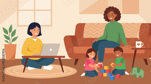 Family Enjoying Quality Time Together in Cozy Living Room with Toys and Laptops on a Bright Day