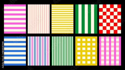 Colorful striped background frames with abstract wavy lines and curved shapes. Playful retro borders for posters, invites, social media.