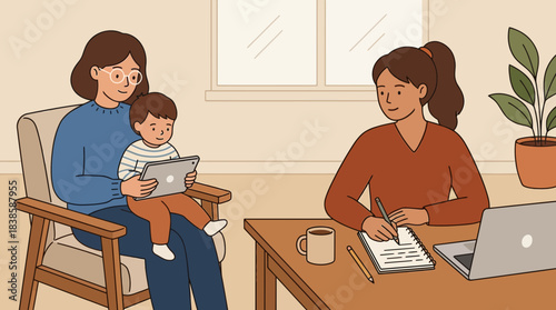 Family Learning Session with Child Using Digital Tablet and Mother Taking Notes in Cozy Home Setting with Plant
