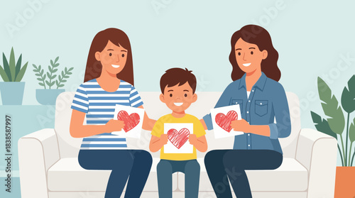 joyful family bonding with handmade heart crafts on a cozy living room sofa in a warm welcoming environment with indoor plants and light blue backdrop
