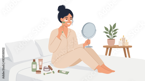 Relaxed woman in cozy pajamas applying facial skincare routine in bedroom with minimalistic decor and natural plant ambiance with white candles on