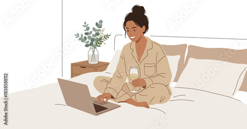 Relaxed woman working on laptop in bed with champagne and cozy setting minimal 50 characters background with a potted plant and casual attire