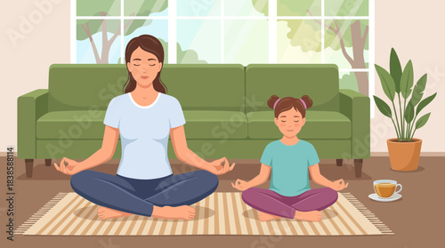 Relaxing indoor scene of a mother and daughter practicing meditation and mindfulness in a cozy living room with natural light and indoor plants for