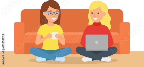Two friends enjoying a relaxed moment on the couch indoors with drinks and laptop in a cheerful setting