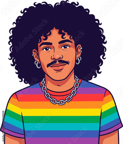 Vibrant digital illustration of a confident individual expressing pride through rainbow attire and bold accessories with a transparent background