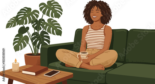 Young woman with curly hair enjoying a cozy moment on a dark background with indoor plants and reading accessories creating a warm relaxing atmosphere