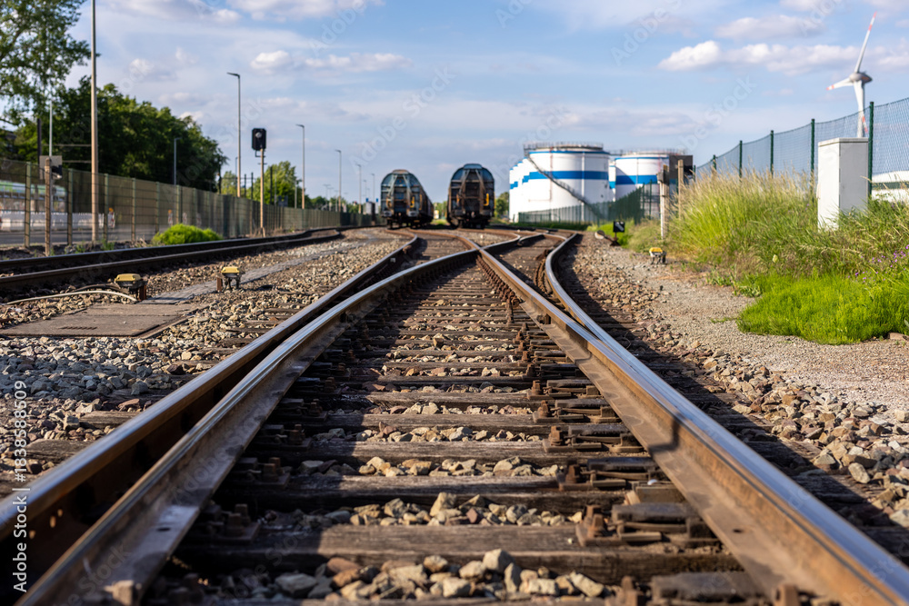 Naklejka premium Rusty railway switch toward parked tank wagons under bright blue sky background sunny day. Industrial yard shows metal tracks gravel storage tanks oil refinery plant factory station