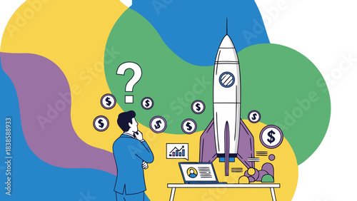 Business Man Contemplating Startup Rocket Launch with Question Mark and Falling Coins on Colorful Abstract Background with Laptop and Charts Inspiring Growth and Investment