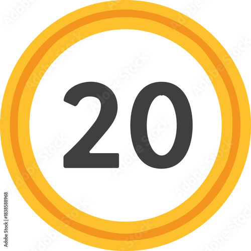 Circular Speed Limit Sign Displaying The Number Twenty In Dark Gray On A Black Background With Orange Concentric Rings