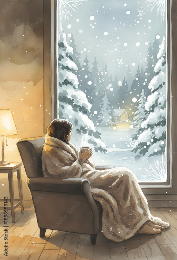 Naklejka premium Woman relaxing in a cozy armchair watching a winter snowstorm