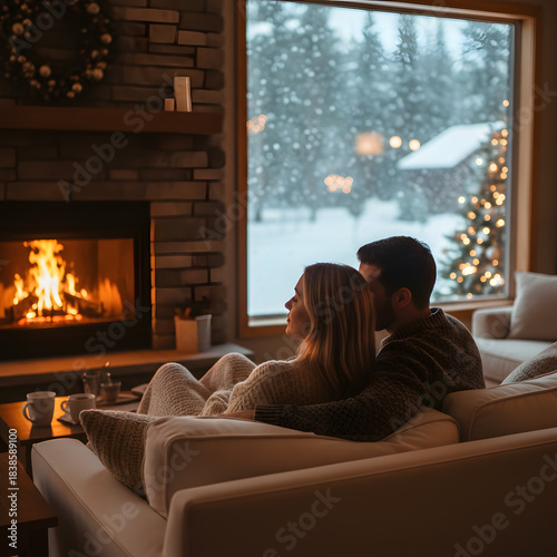 Couple embracing by the fireplace watching snow fall outside