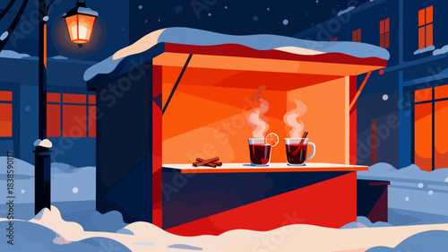 Cozy mulled wine stall glowing warmly on snowy winter street at night, two steaming cups with spices on counter, Christmas market hot drinks illustration for holiday banners and invitations