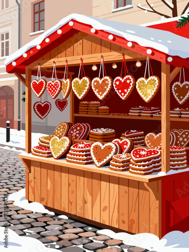 Gingerbread heart cookie stall with cozy festive mood at snowy European Christmas market, wooden hut piled with iced Lebkuchen hearts on cobblestone street, traditional holiday sweets illustration