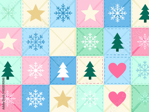 Pastel patchwork winter quilt pattern with hearts, snowflakes, trees and stars in cute handcraft style, soft mint pink and blue colors, seamless background for Christmas textiles and holiday wrapping