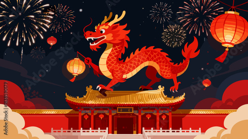 Red Chinese dragon carrying lantern above golden-roof temple under night fireworks and glowing red lanterns, vibrant Lunar New Year festival and Year of the Dragon celebration illustration