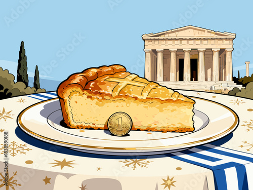 Greek Vasilopita New Year cake slice with lucky coin on festive table in front of ancient temple, traditional Greek Orthodox celebration of Saint Basil’s Day and good fortune illustration