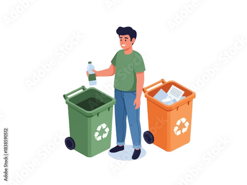 Recycling Habit: A dedicated individual sorts waste responsibly, with an active recycling in a responsible manner. Demonstrating the importance of environmental consciousness and sustainable living.