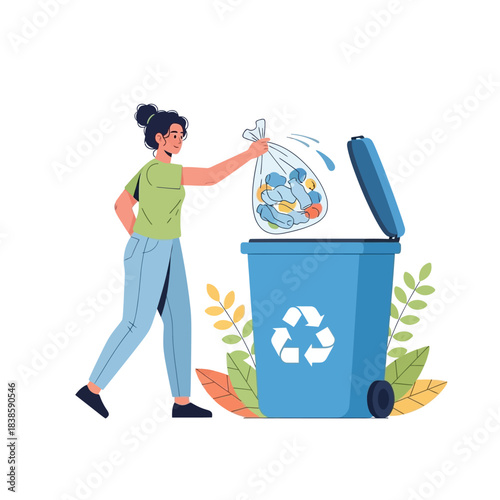 Eco-Conscious Action: A person confidently disposes of a recycling bag into a blue bin, embodying a commitment to environmental care.