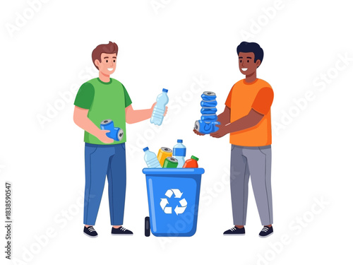 Eco-Conscious Collection: Two diverse individuals unite to responsibly recycle waste into a designated blue recycling bin, embodying a commitment to environmental stewardship.