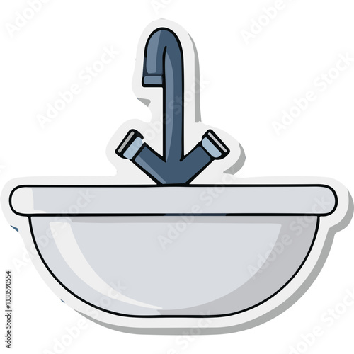 Clean White Ceramic Sink with Blue Faucet and Silver Handles Isolated on White Background Featuring a Simple Illustration Style with Subtle Shadowing Ideal for Home Renovation and Plumbing Concepts