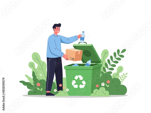 Eco-Conscious Action: A man practices environmental responsibility, thoughtfully disposing of recyclable items in a dedicated bin amidst thriving foliage.