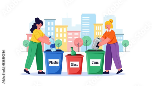 Eco-Friendly Sorting: Illustrative scene of two individuals engaging in the crucial act of waste segregation, thoughtfully placing items into designated bins for plastic, glass, and cans.