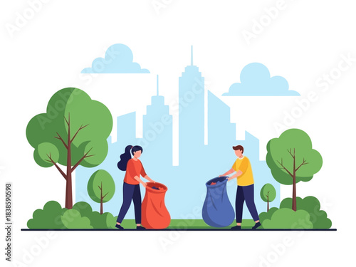 Community Care: Two figures collaborate to clean the environment, reflecting the spirit of community service, they work together against the backdrop of an urban landscape.