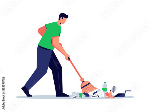 Cleaning Up: A person with a determined expression tackles litter, sweeping up trash, showcasing the value of responsibility and care for the community.