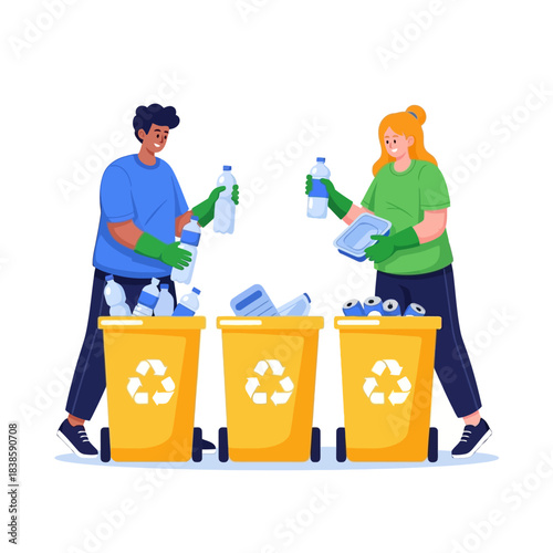 Eco-Friendly Partnership: A collaborative scene of two individuals engaging in recycling, diligently sorting materials into designated bins. Showcasing dedication to environmental sustainability.