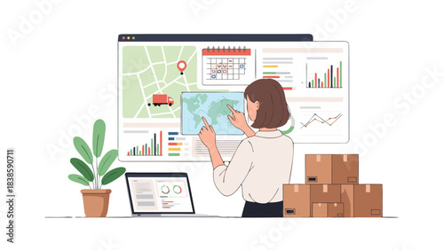 Businesswoman Analyzing Global Logistics Data on a Digital Dashboard Featuring World Map and Delivery Truck Tracking with Charts and Graphs and Stacked Boxes and Potted Plant in Office Setting