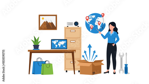 Businesswoman pointing at a pixelated globe with location pins standing next to a filing cabinet with a laptop showing a world map and a projector on a desk with a plant and artwork in a room