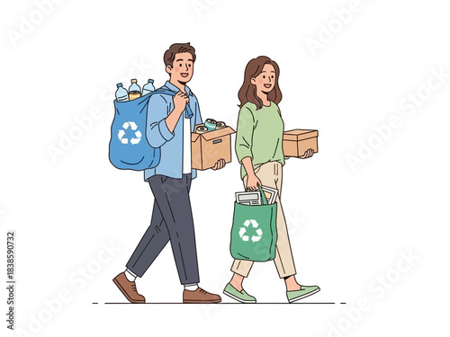 Eco-Conscious Couple: A couple walks together, their shared commitment to environmental sustainability evident as they carry recycled materials and items.