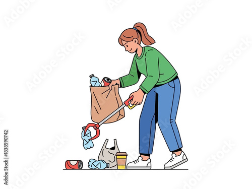 Clean Up the Earth: A person committed to the environment, diligently picking up litter to preserve the beauty and health of the environment.