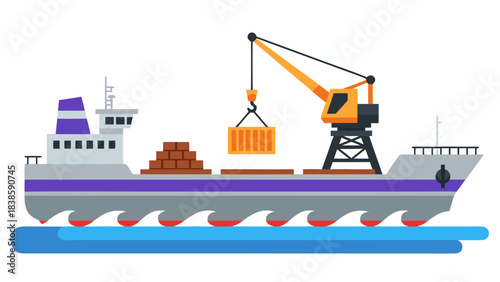 Cargo Ship with Crane Loading Container and Stacks of Wood Planks on Water with Sharks Below Illustration