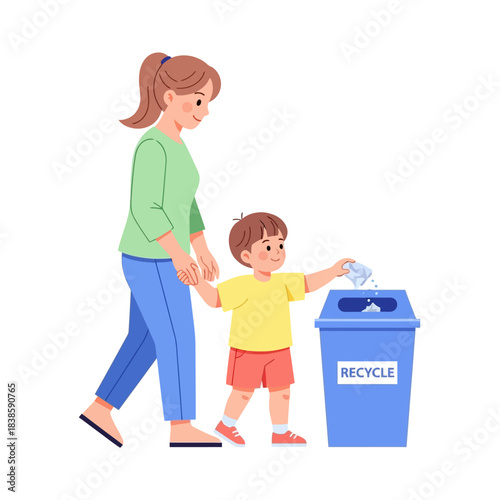 Eco-Friendly Lesson: A mother and child engage in responsible environmental practices, teaching the importance of waste disposal and recycling for a greener planet.