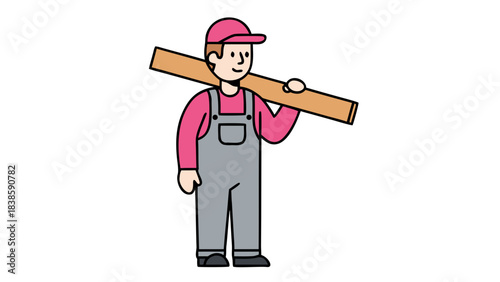 Cartoon Carpenter Man Wearing Pink Cap and Overalls Carrying Wood Plank on Shoulder on Black Background Simple Flat Design
