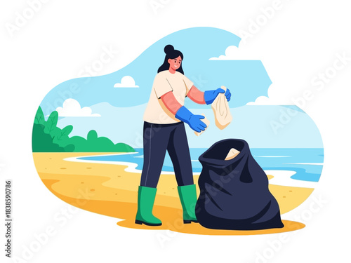 Beach Cleanup: A person diligently collecting litter from a pristine beach, emphasizing the vital act of environmental conservation. 