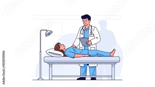 Healthcare Consultation: A doctor provides attentive care to a patient resting on an examination table, the scene conveying trust, empathy, and professional attention.