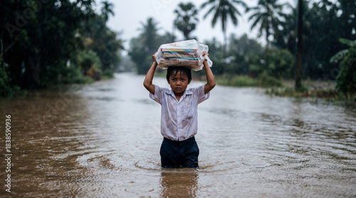 Determined boy carries books through floodwater for education