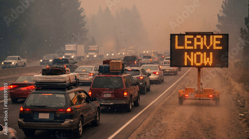 Wildfire evacuation with cars in traffic and a Leave Now sign
